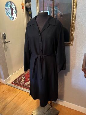Classic Black Long-Sleeve Shirt Dress with Tie Belt
